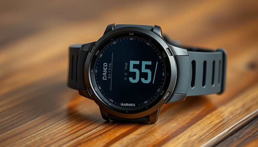 Garmin Forerunner 955 watch displaying time on wooden surface.