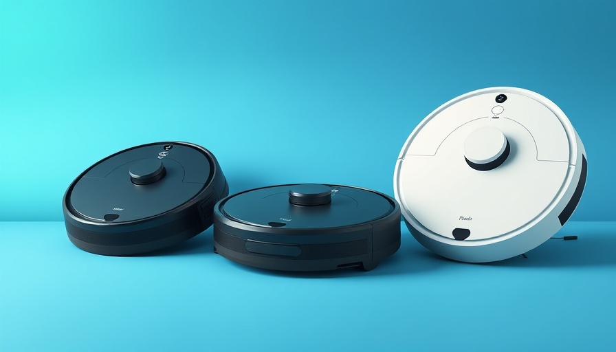 Roborock robot vacuums with app integration and gradient background.