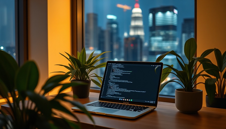 Modern office with laptop coding, plants, and city view for DollyWay C2 Infrastructure.