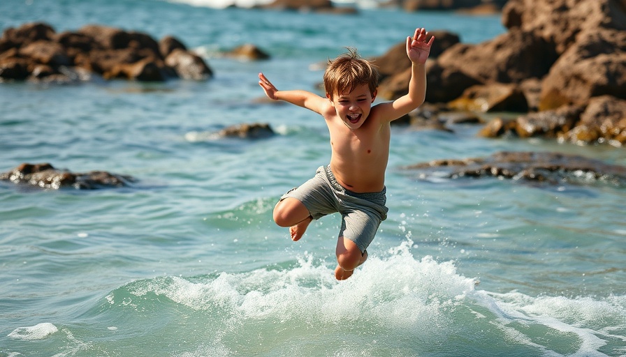 Energetic boy jumps into the ocean, showcasing joy and adventure.