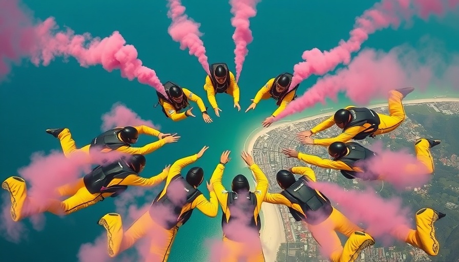 Skydivers forming circle with pink smoke over coastline.