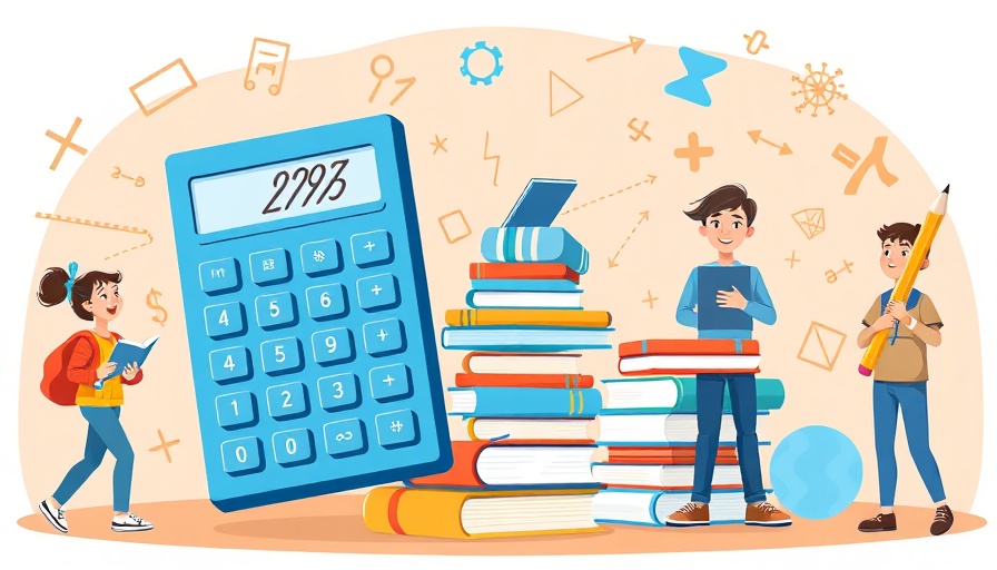 Illustration of students with oversized calculator and math symbols