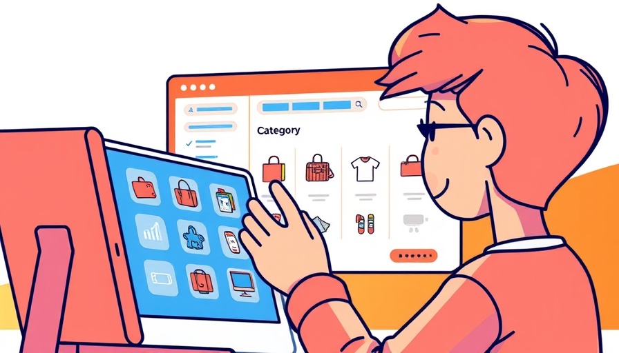 Cartoon of online store category setup with fashion icons, illustrating Ghost Commerce Definition.