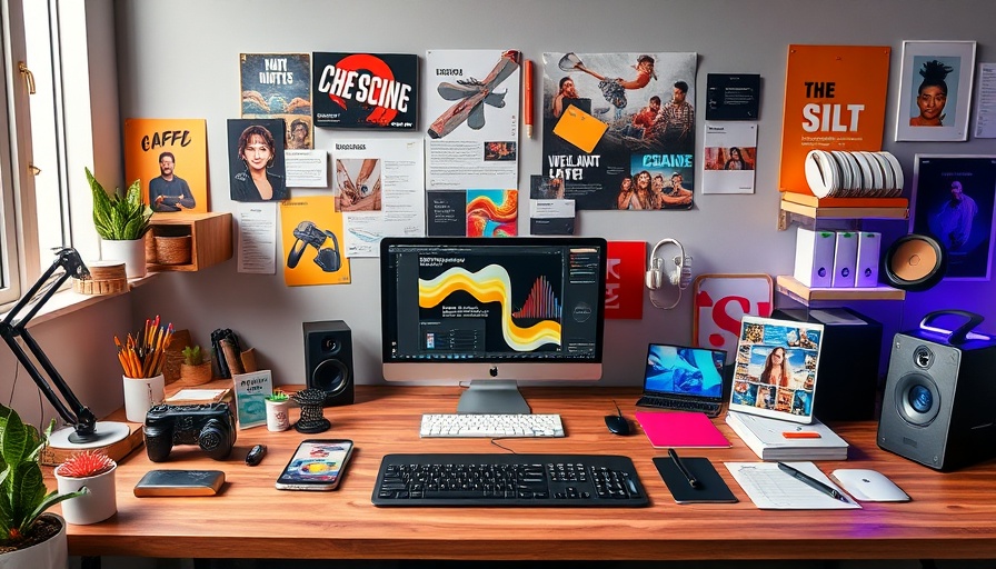 Creative workspace with merch design elements, digital tools on desk.