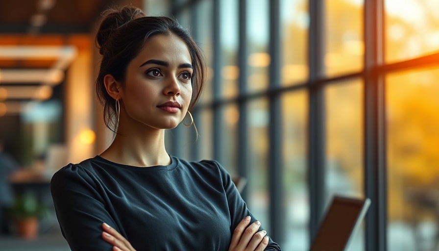 Confident woman in office setting, business environment.