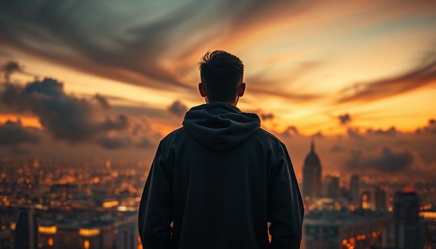 Contemplative figure on peak at sunset, how to keep moving forward every day.