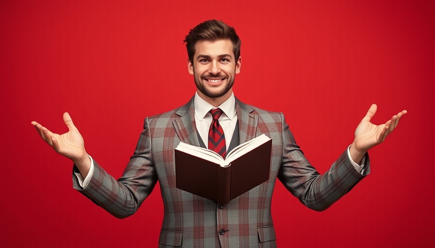 Confident man demonstrating body language in leadership, holding book.