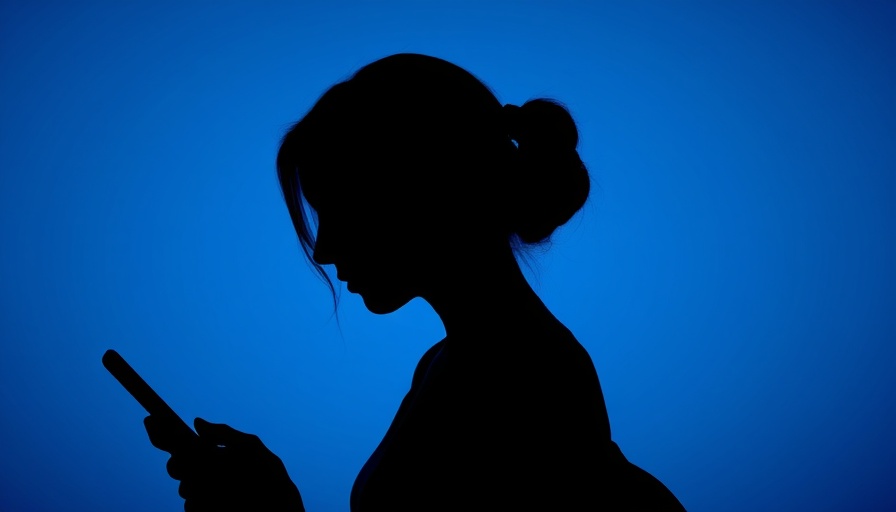 Silhouetted woman texting in profile against blue background.