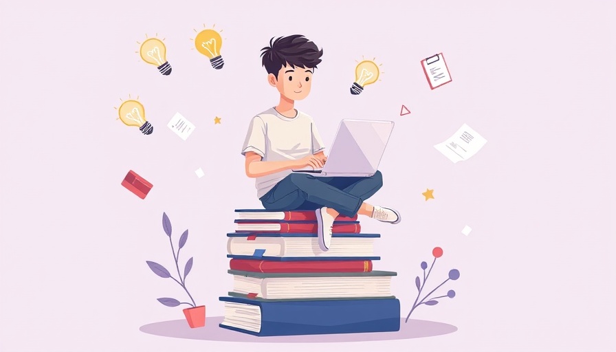 Student using a laptop atop stacked books, ways to make money in college concept.