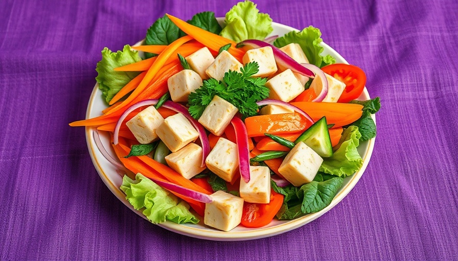 Colorful healthy bowl with tofu and veggies on a purple tablecloth, popular recipes March 2025.