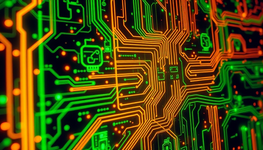 Futuristic circuit board representing AI tools for small business applications.
