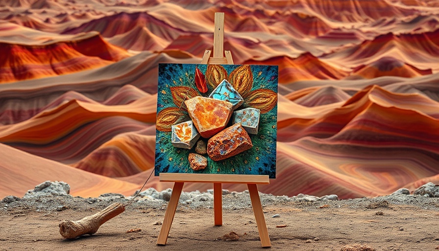 Digital easel showing art on colorful landscape background.