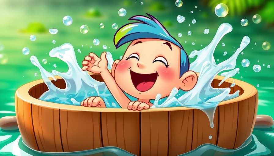 Playful cartoon character in a tub, vibrant water background.