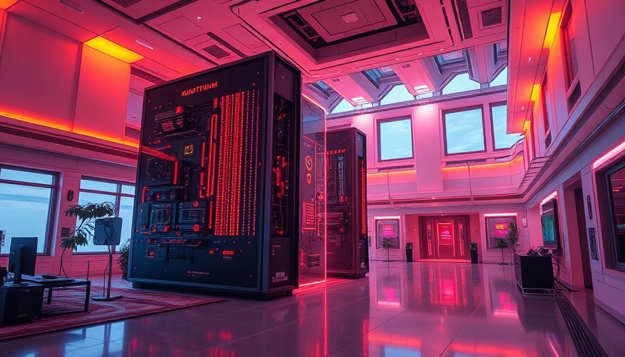 Futuristic quantum computer room with abstract design in vibrant warm hues.