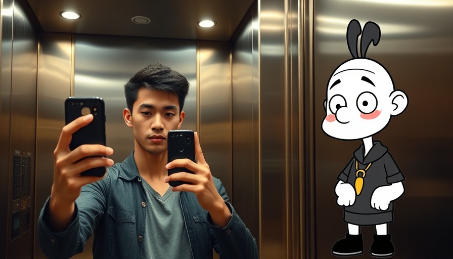 Mirror selfie and Studio Ghibli-style transformation of young man in elevator.
