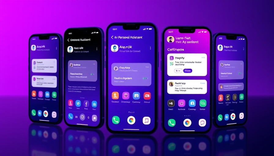 AI personal assistant features on smartphone screens with apps, purple background.