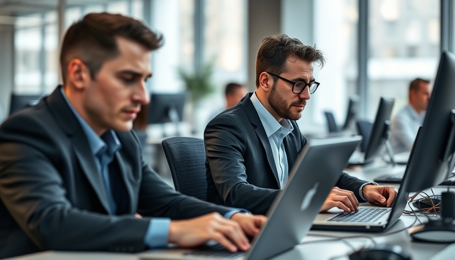 Office workers intensely typing on laptops in California.