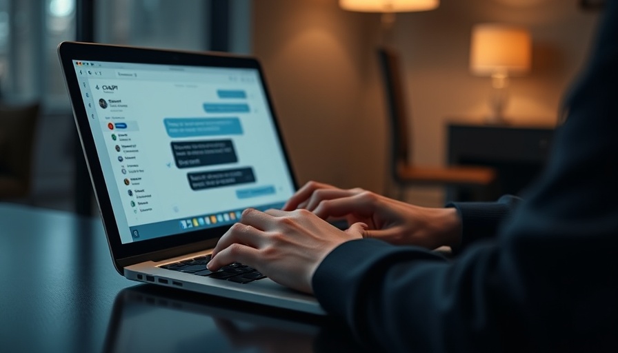 Typing on laptop using AI tool ChatGPT in dimly lit setting.