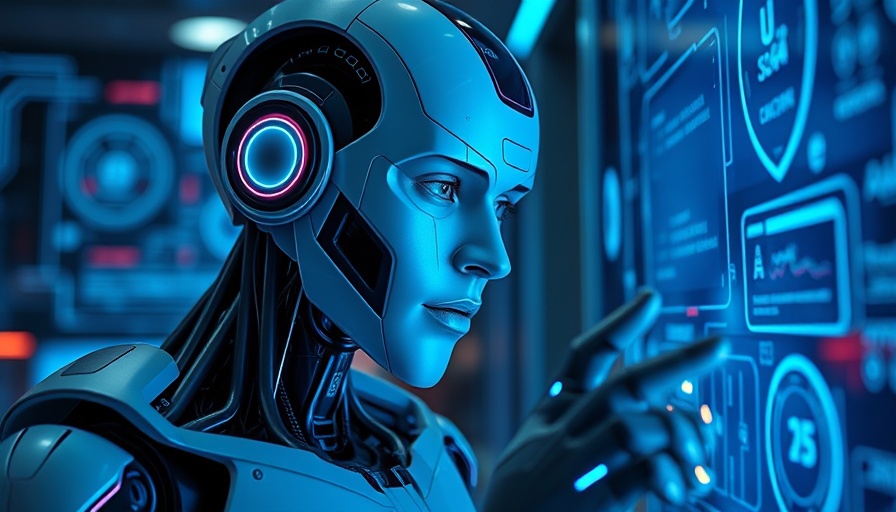 Futuristic robot using AI technology for business analytics.