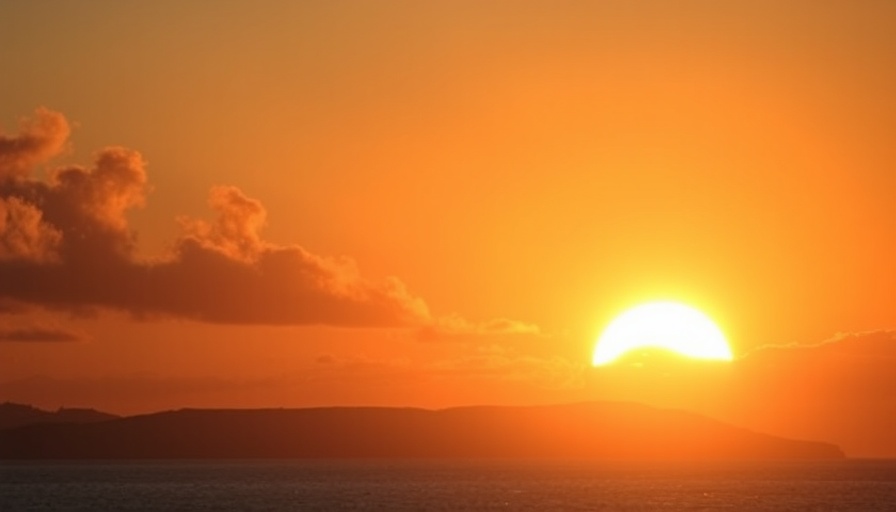 Partial solar eclipse March 29 set against vibrant sunset.