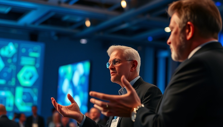 Speaker discussing AI for entrepreneurs at tech event, vibrant stage lighting.