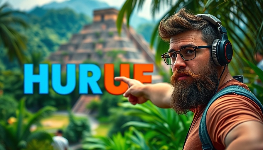 Enthusiastic man illustrating creativity with text overlay and jungle scene.