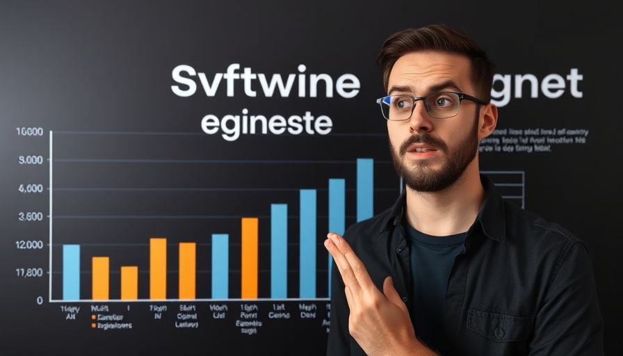 AI code generation visual with person gesturing towards a comparative bar graph.