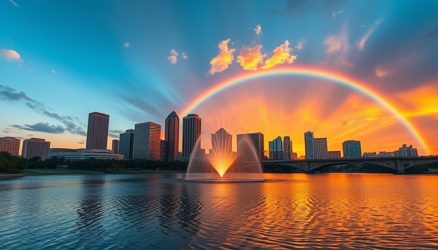Orlando 150th anniversary skyline with fountain at sunset.