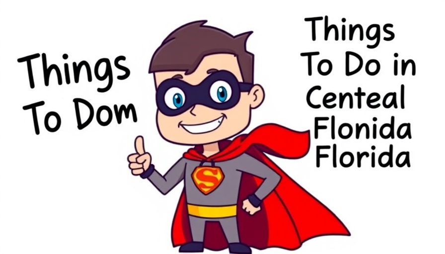 Cartoon superhero with a laptop face promoting activities in Central Florida.