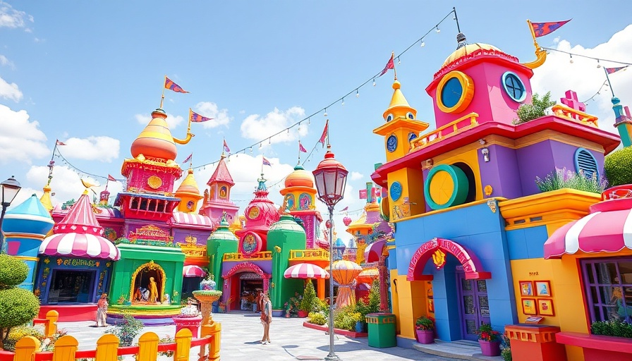 Colorful fantasy theme park at Universal Orlando Epic Universe under clear sky.