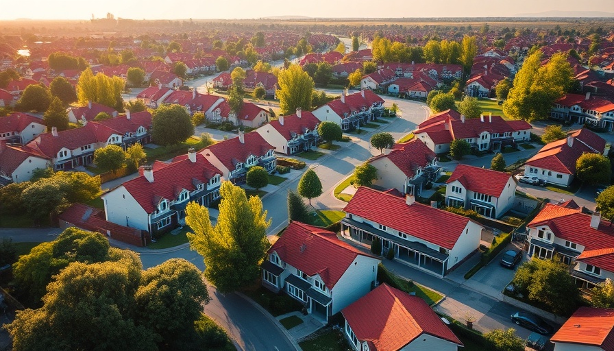 Aerial view of a charming suburban neighborhood with modern townhouses, showcasing the best residential areas near Orlando.