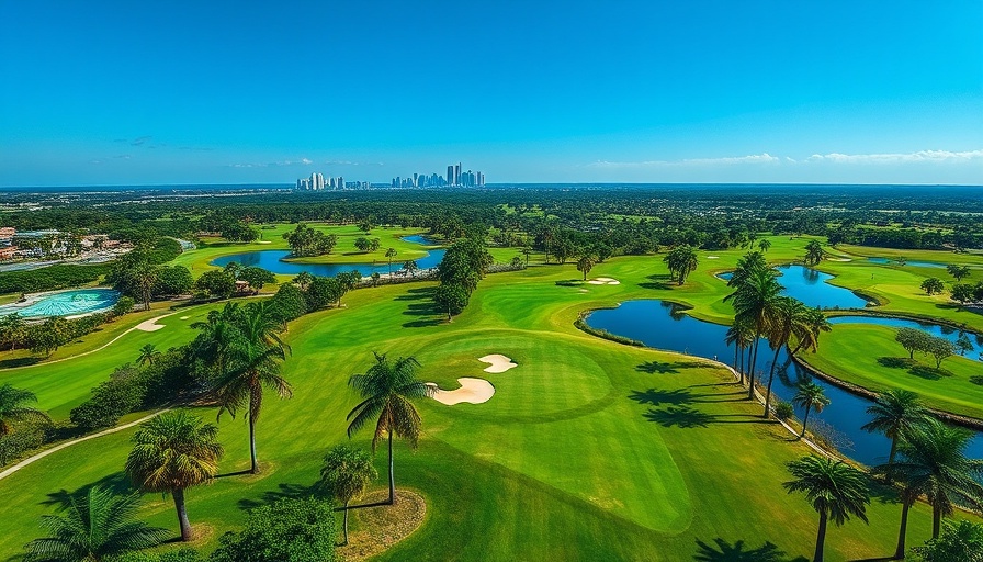 Aerial view of Orlando golf course and skyline, showcasing housing inventory.