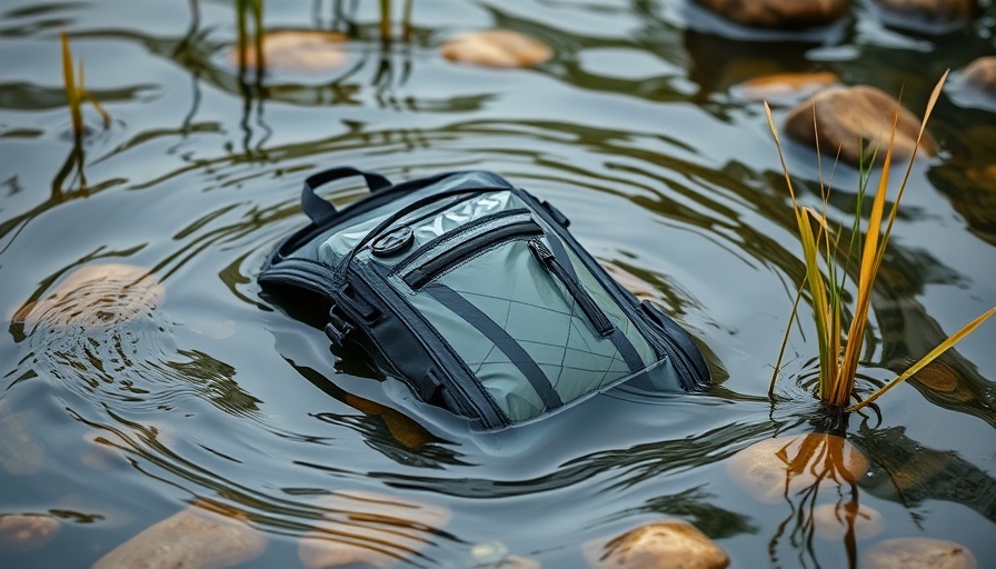 Fogland Backpack Waterproof partially submerged in water with natural reeds nearby.