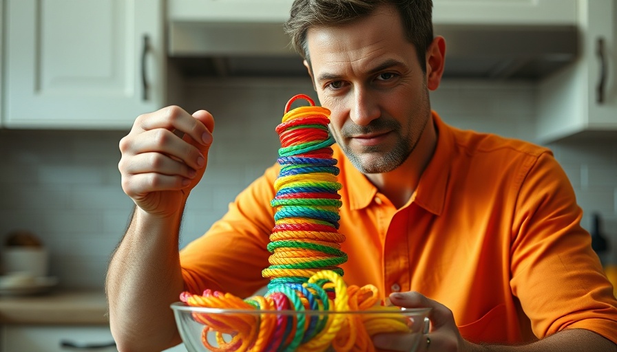 Man stacking colorful slinkies in a bowl for family fun.