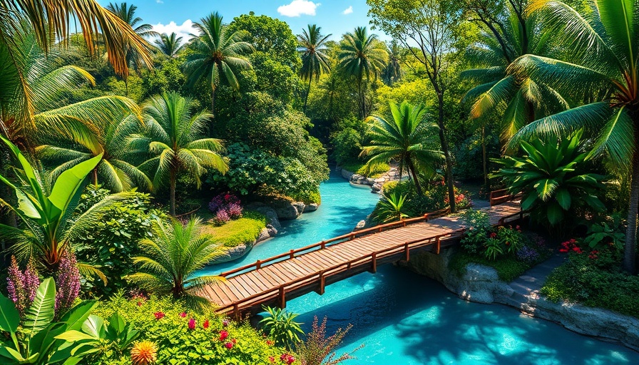 Vibrant Florida park with bridge over clear river, lush scenery.