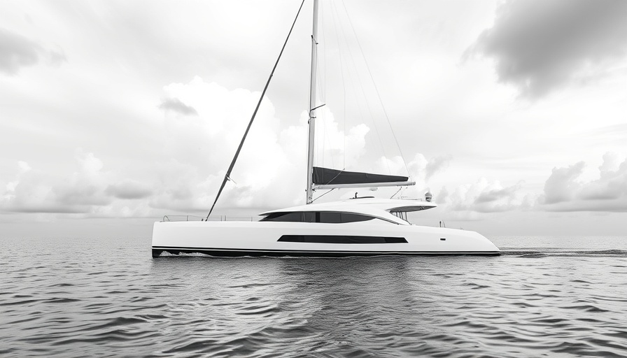 Aquila 50 Power Catamaran gliding on the ocean with a cloudy sky.