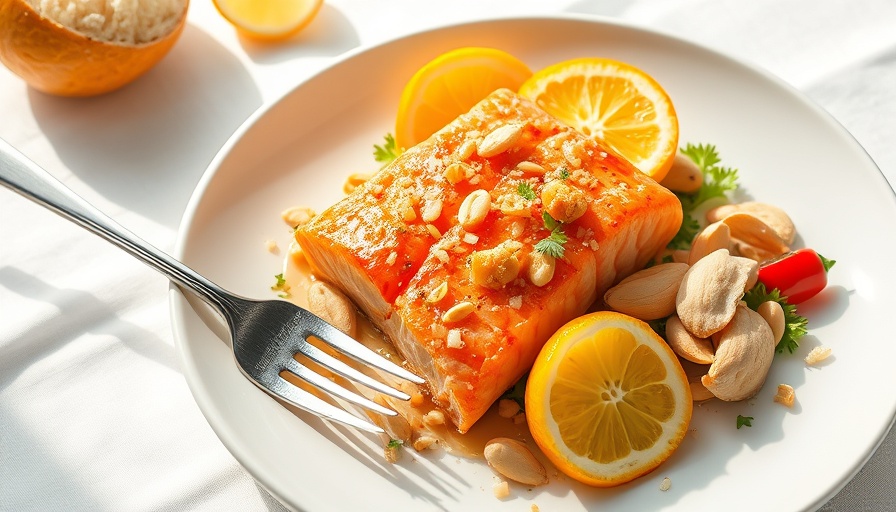 Coconut-Chile Salmon Recipe with citrus and peanuts on a white plate.