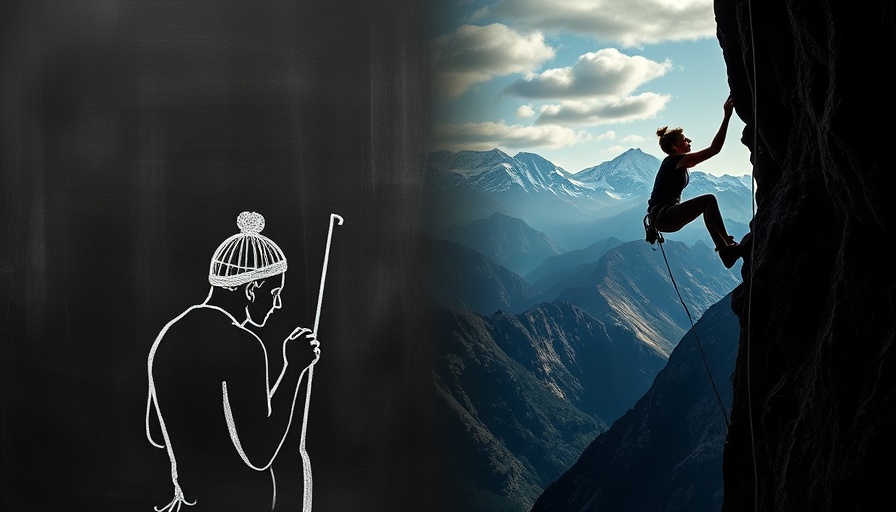 Creative split-screen of chalk drawing and real climber, AI for healthcare professionals.