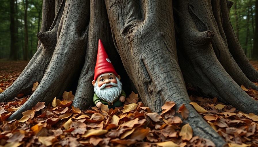 Whimsical gnome under tree in forest near Orlando hiking trail.