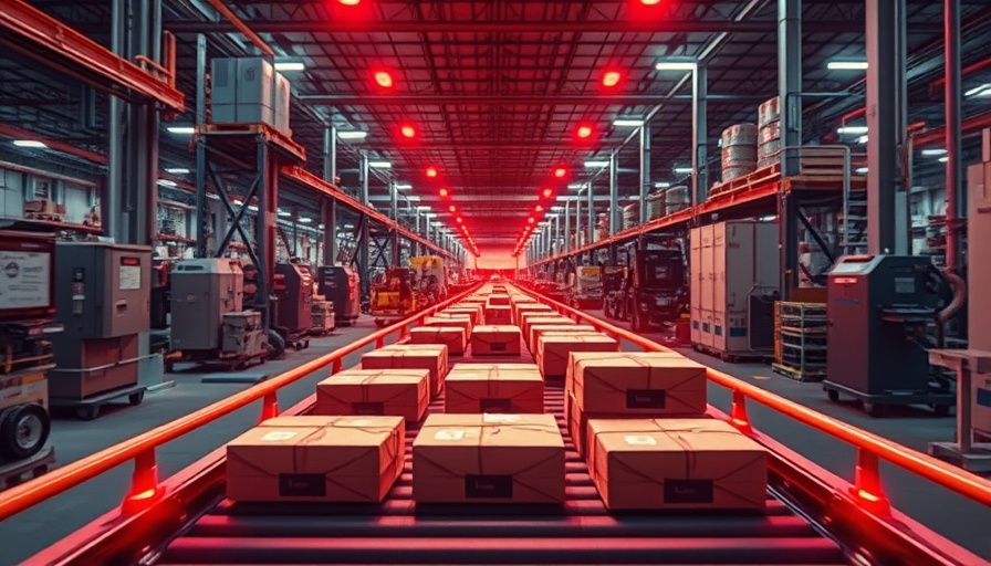 Amazon warehouse anti-theft conveyor system with packages and red lighting.