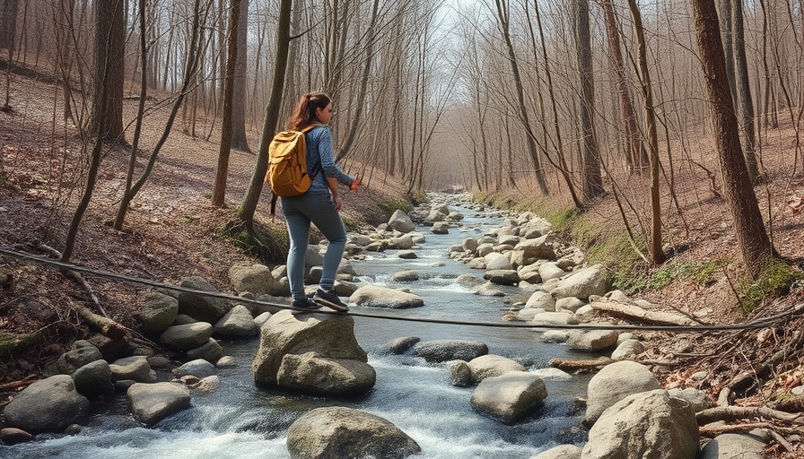Hiker crossing stream using cable at Birdsboro Waters Preserve.
