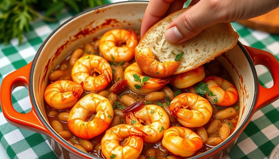 One-skillet shrimp dish with beans and herbs on tablecloth.