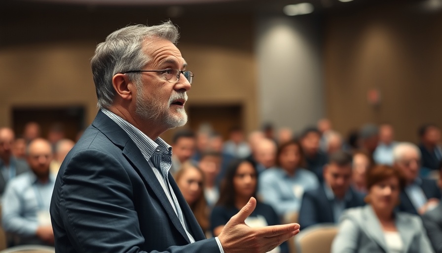 Entrepreneur speaking at a conference, engaging in discussion.