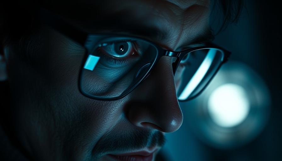 Close-up of man with digital reflection in glasses, AI automation focus.