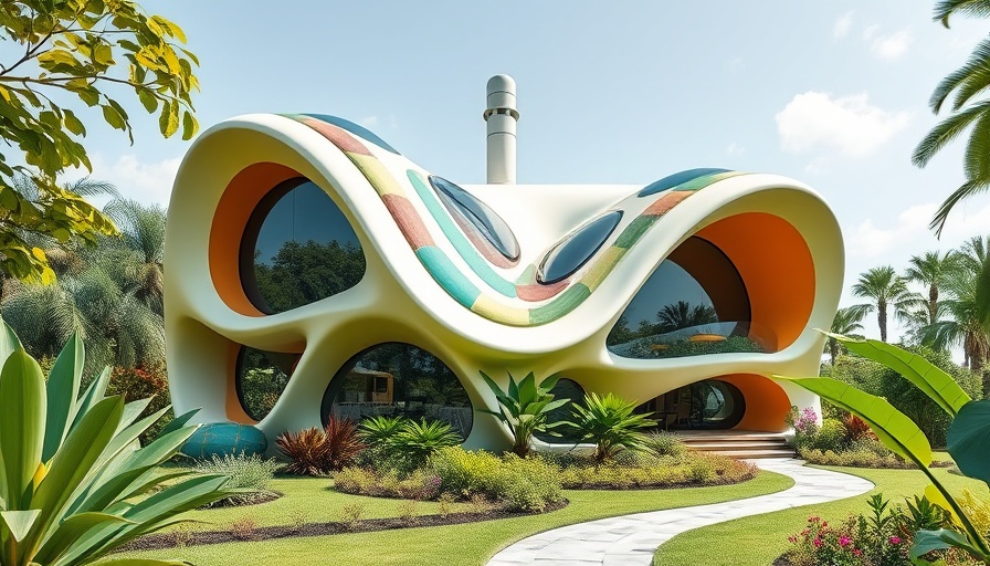 Futuristic home design amidst lush greenery, vibrant colors.