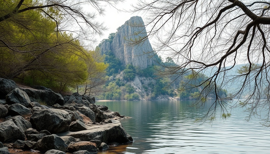 Peaceful lakeside with rocky cliff, family-friendly outdoor spots.