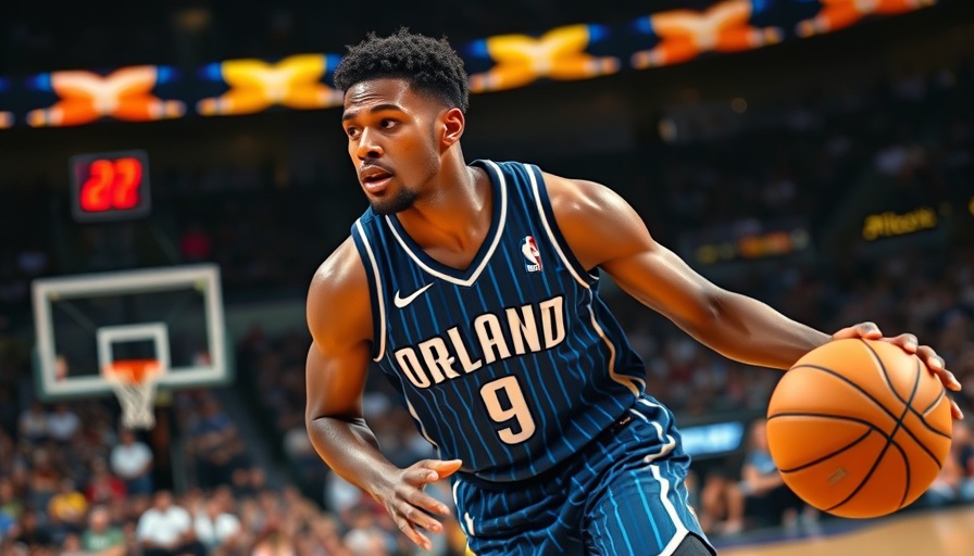 Orlando Magic player appearance, basketball player dribbling in arena.