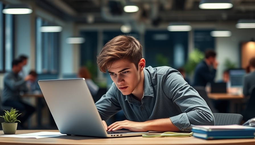 Young man experiencing stress while working on laptop in office
