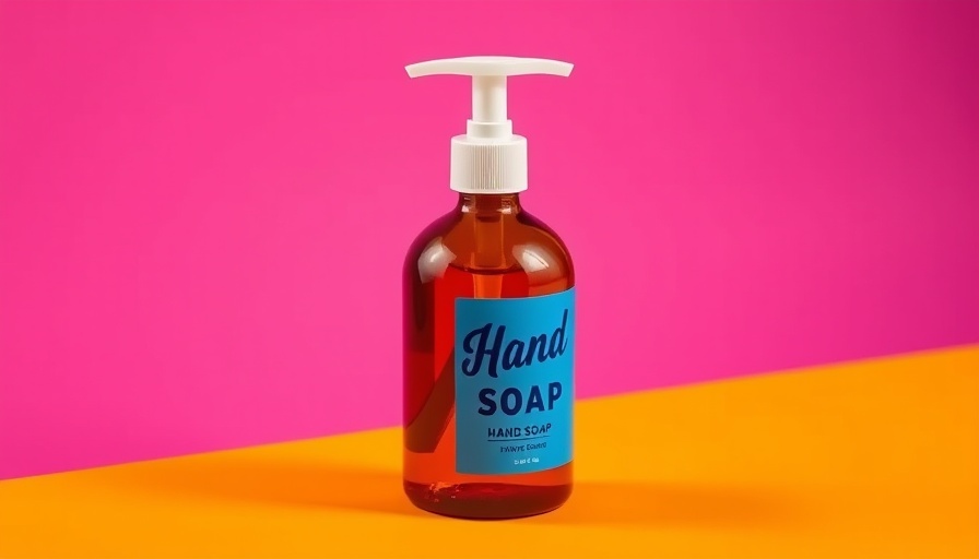 Amber hand soap bottle for removing garlic smells, vibrant backdrop.