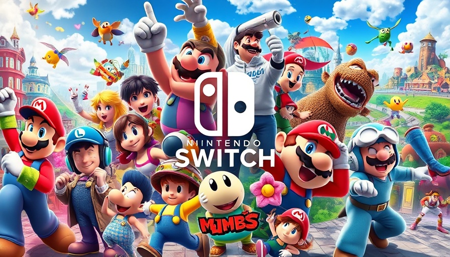 Colorful video game collage showcasing iconic Nintendo Switch games.
